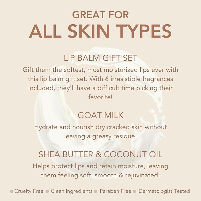 Dionis Goat Milk Lip Balm Deluxe Gift Box Set of 6 Vanilla, Coconut, Milk & Honey, Berry, Peppermint & Blood Orange Scented Chapstick - Shea Butter & Coconut Oil Gifts For Her, Protect & Restore Lips-VivaGrace Women