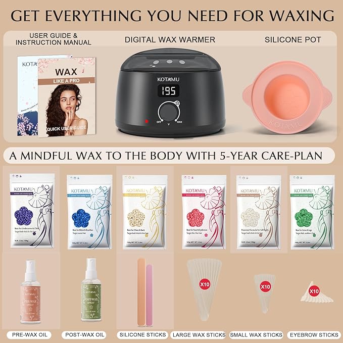 KOTAMU Waxing Kit-Professional Wax Warmer for Women& Men Hair Removal,Black Waxing Machine With Silicone Pot, Sensitive Skin Friendly Body Wax Kit Ideal for Face Bikin Brazilian Leg Home Salon-VivaGrace Women