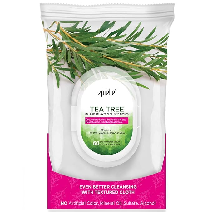 Epielle Tea Tree Facial Wipes, 60 ct, Pack of 2, Refreshing & Soothing, Perfect for Spa Days, Beauty Gifts, Korean Skincare Gift Set