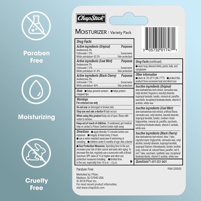 ChapStick Moisturizer Original, Black Cherry and Cool Mint Lip Balm Tubes Variety Pack, SPF 15 and Skin Protectant - 0.15 Oz (Pack of 3)-VivaGrace Women