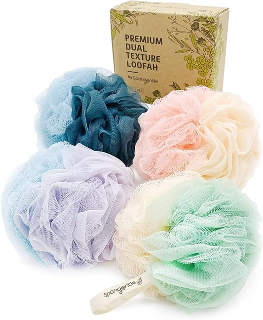 Spongentle Dual Texture Deep Cleansing Loofah Sponge for Radiant Skin, Pack of 4, Bath and Shower, Exfoliating Body Scrubber, Beautiful Colors for Women and Men-VivaGrace Women