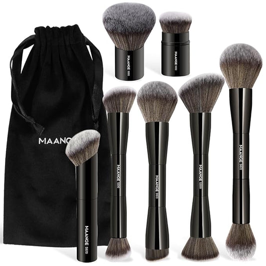 MAANGE 7pcs Makeup Brush Set Double Sided Kabuki Makeup Brushes Contour Brush for Foundation Liquid Powder Concealer Cream Cosmetics Bronzer Blending Blush Buffing Makeup Tools (Black)-VivaGrace Women