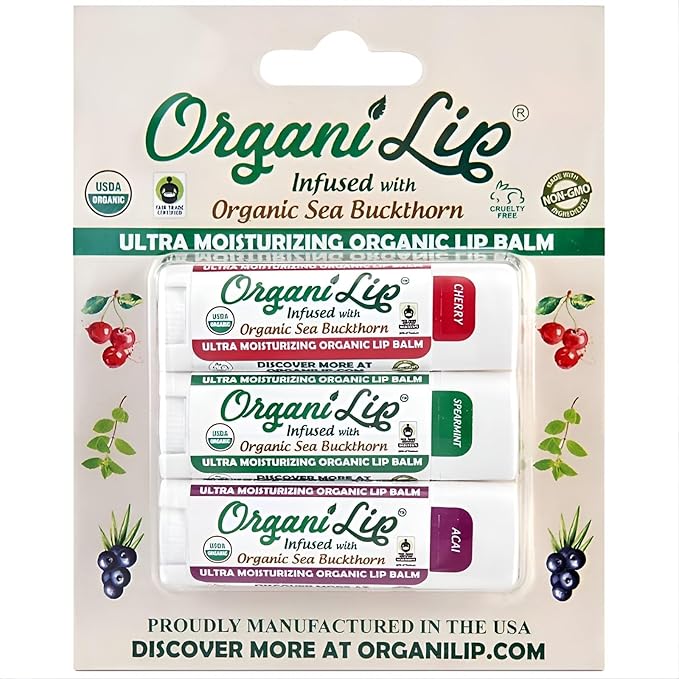 OrganiLip Organic Lip Balm, Variety3 Pack (Spearmint, Cherry, Acai), Ultra Hydrating Lip Moisturizer for Dry Lips, USDA Certified Organic,-VivaGrace Women