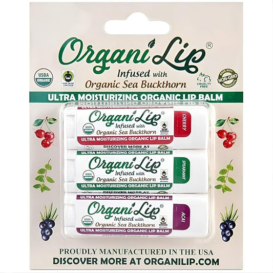 OrganiLip Organic Lip Balm, Variety3 Pack (Spearmint, Cherry, Acai), Ultra Hydrating Lip Moisturizer for Dry Lips, USDA Certified Organic,-VivaGrace Women