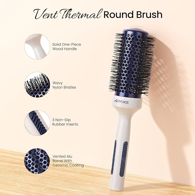 AIMIKE Nano Ionic Tech Ceramic Brush for Blow Drying, Styling and Volume Boost - Natural Wood One-Piece Design, 1.7 Inch/43mm-VivaGrace Women