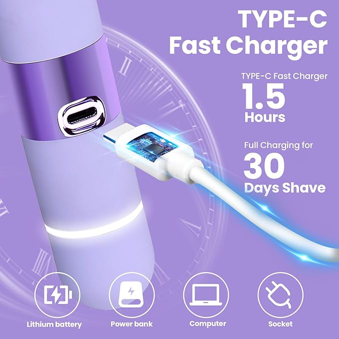 Bikini Trimmer for Women, Glow Aura Womens Shaver, Quiet Dual Head Waterproof Cordless Rechargeable Painless Trimmer for Underarms, Legs, Body (Purple)-VivaGrace Women