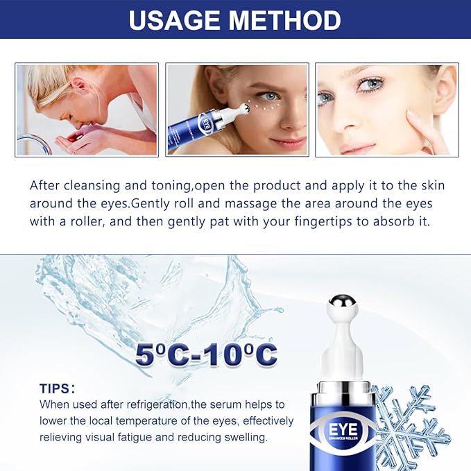 Caffeine Eye Serum,Under Eye Roller Serum with 360° Massage Ball,Eye Contour Cream for Dark Circles and Puffiness Wrinkles Fine Lines-VivaGrace Women