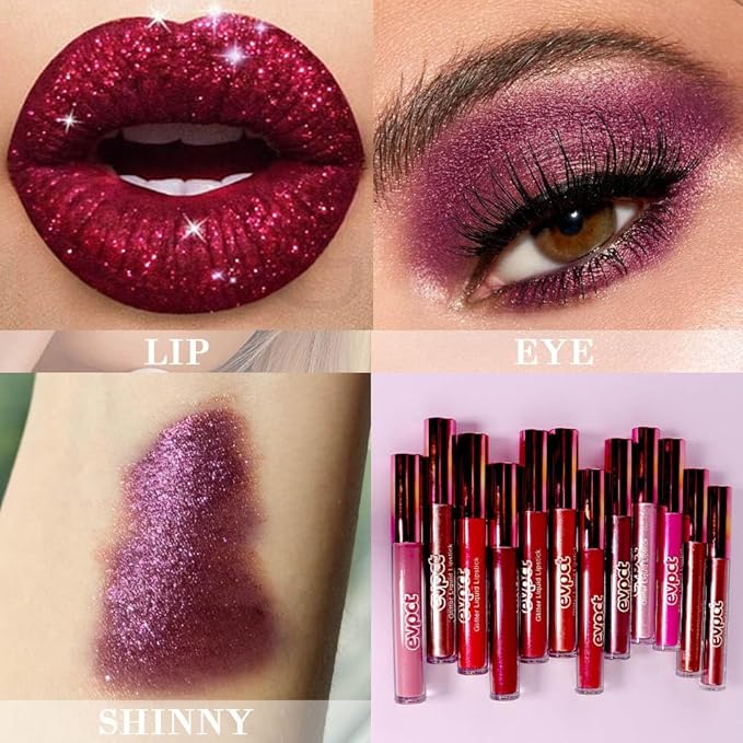evpct 2Pcs Red Glitter Metallic Shimmer Diamond Lipstick Lip Gloss Stain Set for Women Long Lasting Waterproof, Dark Hot Bright Red Sparkle Glitter Matte long wear Liquid Lipstick Lip Makeup Kit-VivaGrace Women