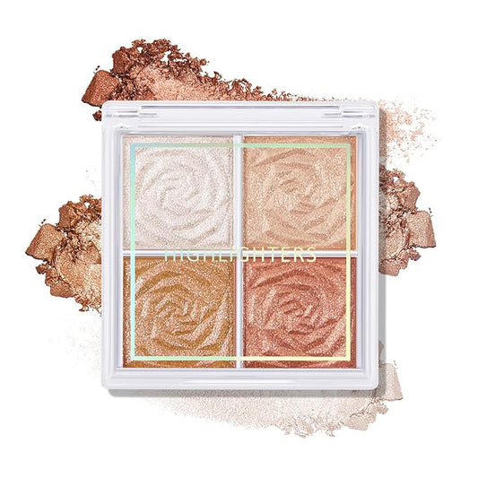 Boobeen Blush and Highlighter Palette- 4-color Metallic Shimmer Shadow Powder, Illuminator Makeup Set for Shading, Highlighting & Defining the Face-VivaGrace Women