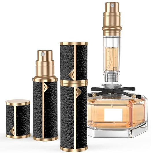 Perfume Travel Refillable Bottle,Genuine Leather Bottom-Filling Fragrances Perfume Atomizer,Mini Cologne Dispenser,Portable Sprayer Pocket Size for Cruise Car Trip Purse Gift 5ml (Black)-VivaGrace Women