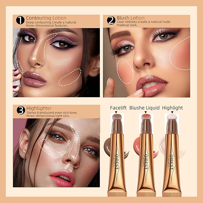 3 Pcs Beauty Wand For Liquid Contour Highlighter and Blush Rouge with Cushion Applicator Attached Easy to Blend, Lightweight Blendable Super Silky Cream Face Illuminator Makeup Stick-VivaGrace Women