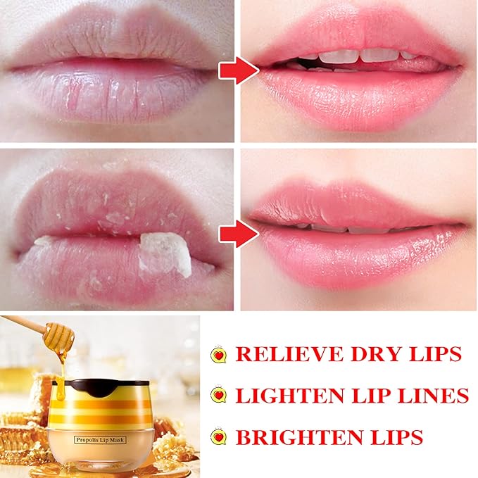 1PCS Bee Lip Balm Honey Pot,Honey Sleeping Lip Mask Bee Lip Balm with Applicator,Natural Moisturizing & Prevention Dry and Cracked Lip Scrubs Exfoliator-VivaGrace Women