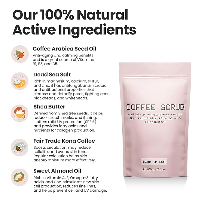 Life's Buttter Exfoliating Coffee Scrub with Natural Arabica Coffee Effective Against Cellulite, Stretch Marks, Scars and Acne | Organic Shea Butter and Sweet Almond Oil-VivaGrace Women