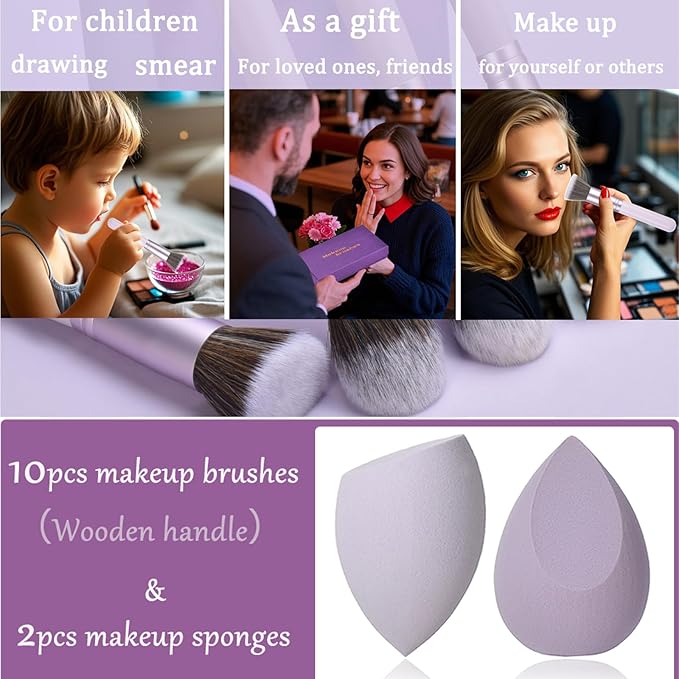Gift Ready 10 Piece Purple Makeup Brushes Set and 2 Piece Makeup Sponge – Wooden Handle with Soft Synthetic Bristles, Concealer, Powder – (Ideal for Christmas, Birthday, Women)-VivaGrace Women