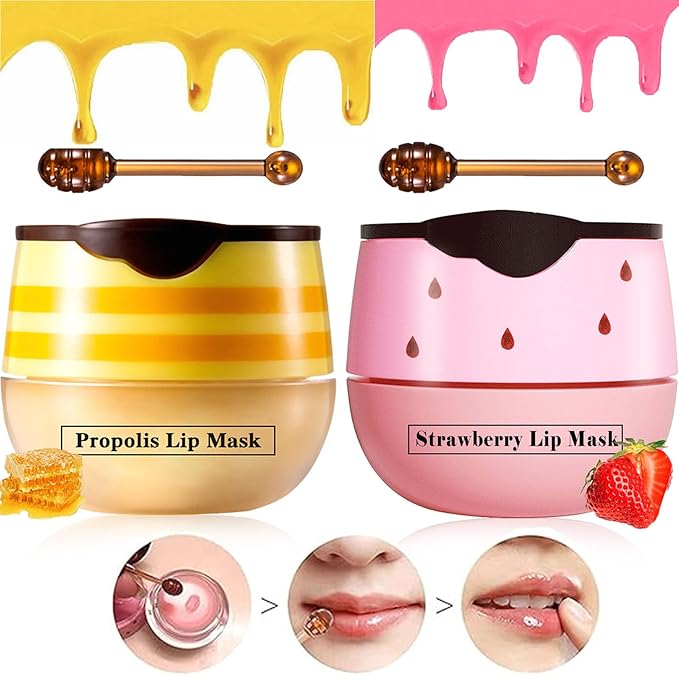 2 Pcs Lip Balm Honey Pot Lip Treatment Overnight Lip Sleeping Balm Strawberry Honey Pot lip Mask Moisturizing Exfoliating Prevent Dry & Cracked Diluting Lip Lines (Honey & Strawberry)-VivaGrace Women
