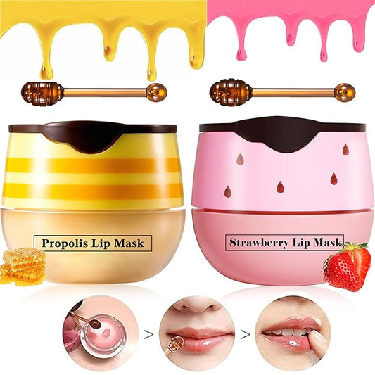 2 Pcs Lip Balm Honey Pot Lip Treatment Overnight Lip Sleeping Balm Strawberry Honey Pot lip Mask Moisturizing Exfoliating Prevent Dry & Cracked Diluting Lip Lines (Honey & Strawberry)-VivaGrace Women