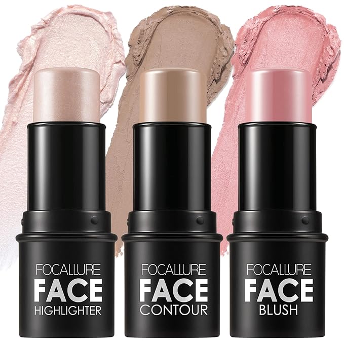 FOCALLURE 3 Pcs Cream Contour Sticks,Shades with Highlighter & Bronzer & Blush,Non-greasy Long-wear Face Contouring Pen,Easy to Sculpt the Face and Create a Lightweight Finishing Makeup,FAIR-VivaGrace Women