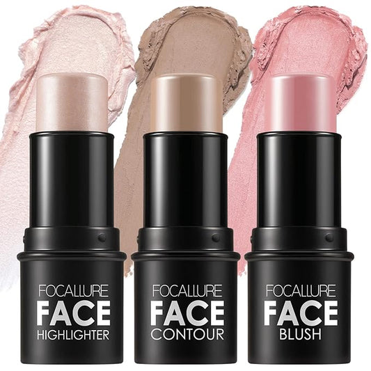 FOCALLURE 3 Pcs Cream Contour Sticks,Shades with Highlighter & Bronzer & Blush,Non-greasy Long-wear Face Contouring Pen,Easy to Sculpt the Face and Create a Lightweight Finishing Makeup,FAIR-VivaGrace Women