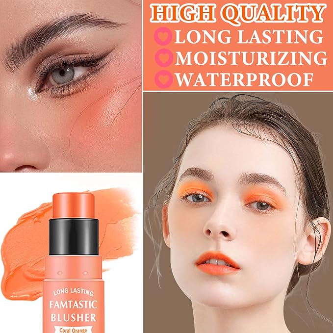 Cream Blush Stick,Blush Stick for Cheeks with Contour Brush,3-in-1 Long Lasting Waterproof Blush&Eye Shadow&Lip Gloss for Natural Skin Types（03 Citrus Pink）-VivaGrace Women