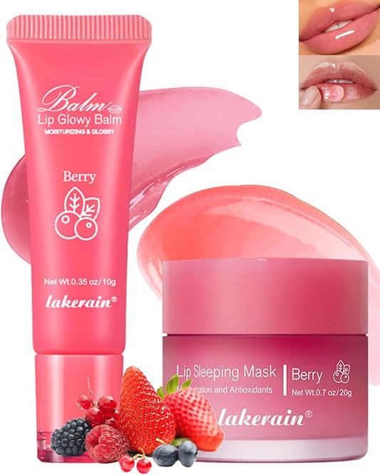 2Pcs Lip Glowy Balm & Lip Sleeping Mask Set,Hydrating Nourishing Repair Sleeping Lip Mask,Glossy Tinted Lip Balm,Day & Night Smooth Cracked Chapped Dry Lip,Lip Care Therapy Treatment for Women-02Berry-VivaGrace Women