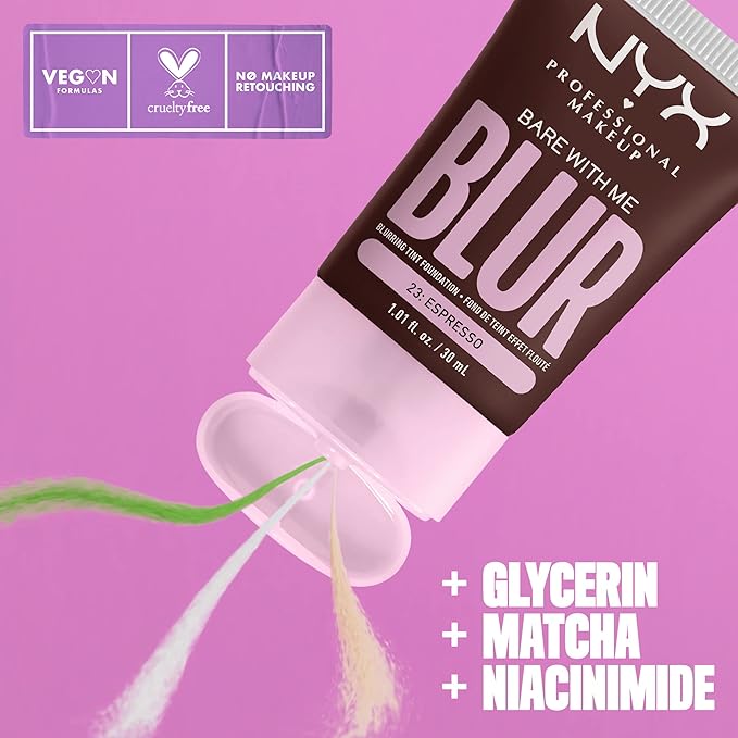 NYX PROFESSIONAL MAKEUP Bare With Me Blur Skin Tint Foundation Make Up with Matcha, Glycerin & Niacinamide - Espresso-VivaGrace Women
