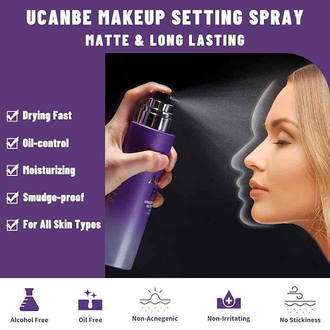 UCANBEMAKUP Long Lasting Makeup Setting Spray Kit- 6.76 Fl oz Hydrating Matte Finish Mist Lightweight Face Make up Fixer +Translucent Loose Setting Powder+2PC Sponge Puff Set-VivaGrace Women