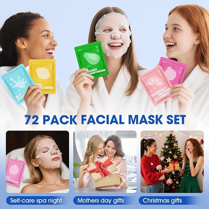 72 Pack Collagen Face Masks Skincare Set for Women, Hydrating & Moisturizing Face Mask for Skin Care, Bulk Sheet Face Masks for All Skin Types, Spa Party Gifts for Women-VivaGrace Women