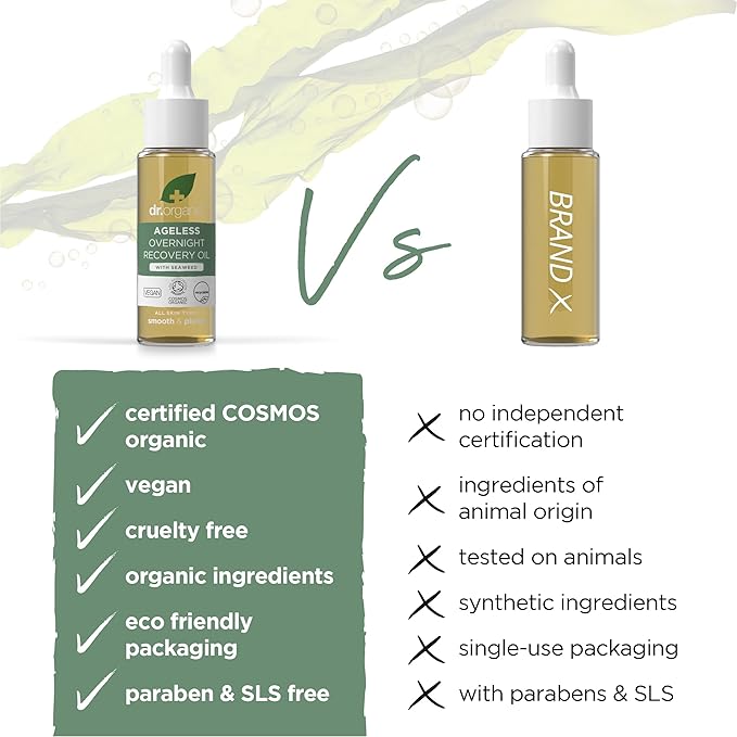 Dr. Organic Ageless Overnight Recovery Oil with Seaweed | Smoothing and Plumping, Maximum Hydration for All Skin Types, Dermatologically Tested, Certified Organic, Paraben & SLS-Free, 30 mL / 1 fl oz-VivaGrace Women