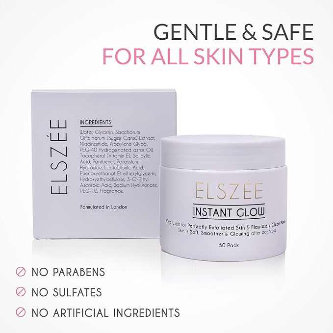 ELSZÉE Instant Glow Exfoliating Treatment Pads | Daily Exfoliant | 2-in-1 Deep Pore Cleansing & Radiance Boost | Luxury London-Formulated Skincare | 30 Pre-Soaked Pads