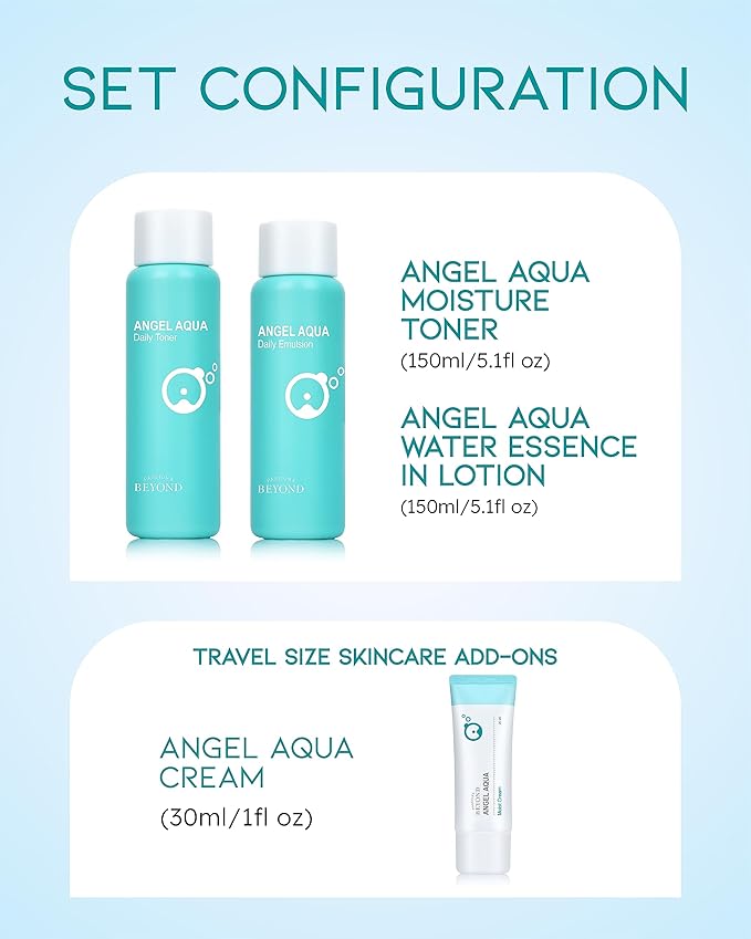 BEYOND Angel Aqua Moisture Skincare Set (Skincare Set, 11.2fl oz , 3-Piece Set) - Vegan Formula Korean Skin Care for Dry & Rough Skin , Hyaluronic Acid, Cica, Pantenol-VivaGrace Women