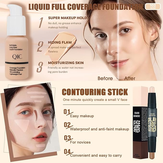 All in One Makeup Kit,Includes Naked Eyeshadow,CC Cream,Liquid Foundation,Lipstick Set,Mascara,Makeup Brush,Makeup Sponge,Eyebrow Pencil,Eyebrow Soap,Eyeliner Stamp, Primer,Contour Stick,Cosmetic Bag-VivaGrace Women