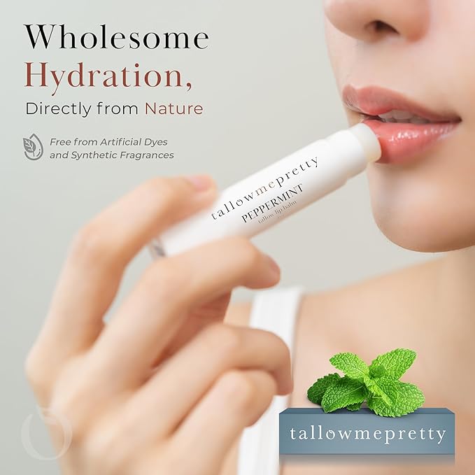 Peppermint Lip Balm, Ultra-Soothing, Deeply Hydrating Tallow Lip Balm with Grass Fed Beef Tallow, Beeswax, Jojoba Oil & More, Non Toxic Lip Care, Made in the USA, 0.15 Oz.-VivaGrace Women