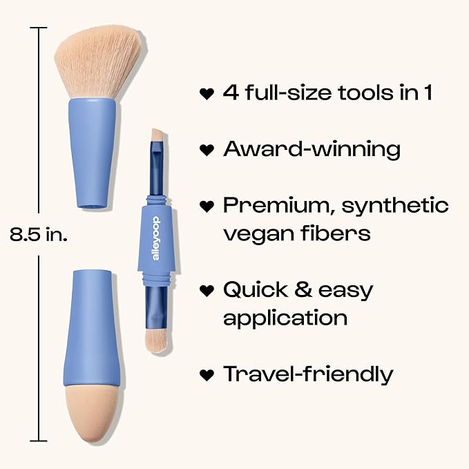 Alleyoop Multi-Tasker 4-in-1 Travel Makeup Brush Set – Compact Makeup Brushes with Blending Sponge, Eyeshadow, Eyebrow & Liner, Blush & Bronzer Brush – Mini Makeup Tools Kit for Women, Vegan-VivaGrace Women