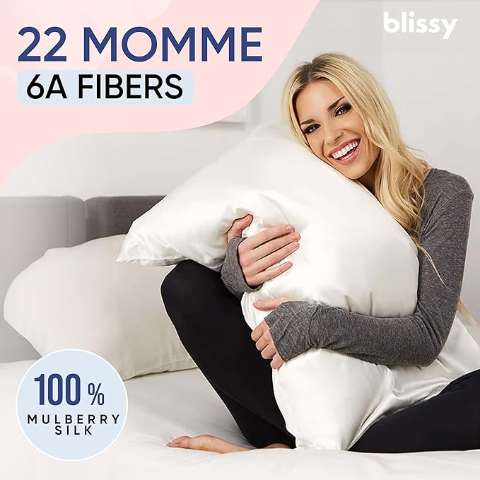 Blissy Silk Pillowcase - 100% Pure Mulberry Silk - 22 Momme 6A High-Grade Fibers - Silk Pillow Cover for Hair & Skin - Regular, Queen & King (Blissy White, Standard)-VivaGrace Women