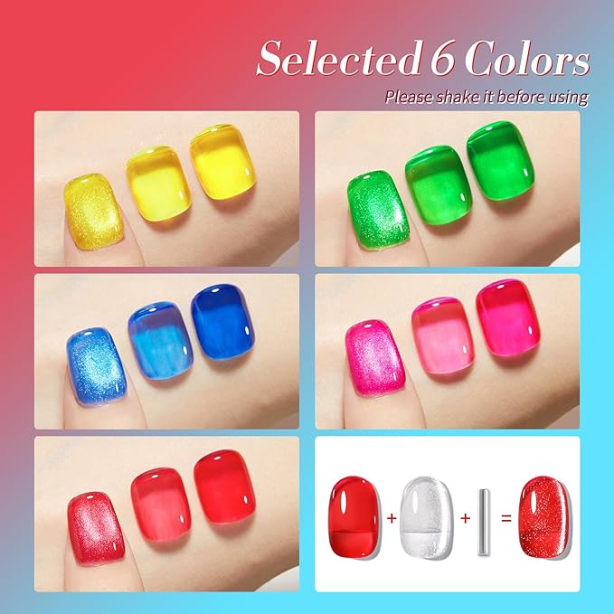Born Pretty Neon Jelly Gel Nail Polish Glass Crystal Spring Summer Transparent Ice Jelly Gel Polish with Silver Holographic Glitter Cat Magnetic Eye Gel Polish Collection Minicure DIY Gifts 6PCS-VivaGrace Women
