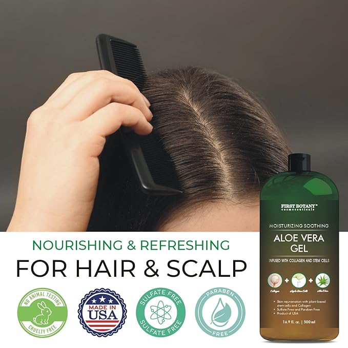 First Botany, Pure Aloe vera gel 100% Fresh Pure Aloe Infused with Stem Cells, Collagen Tea Tree Oil Natural Raw Moisturizer for Face Skin Body Hair Perfect for Sunburn, Acne, Razor Bumps 16.9 fl oz-VivaGrace Women