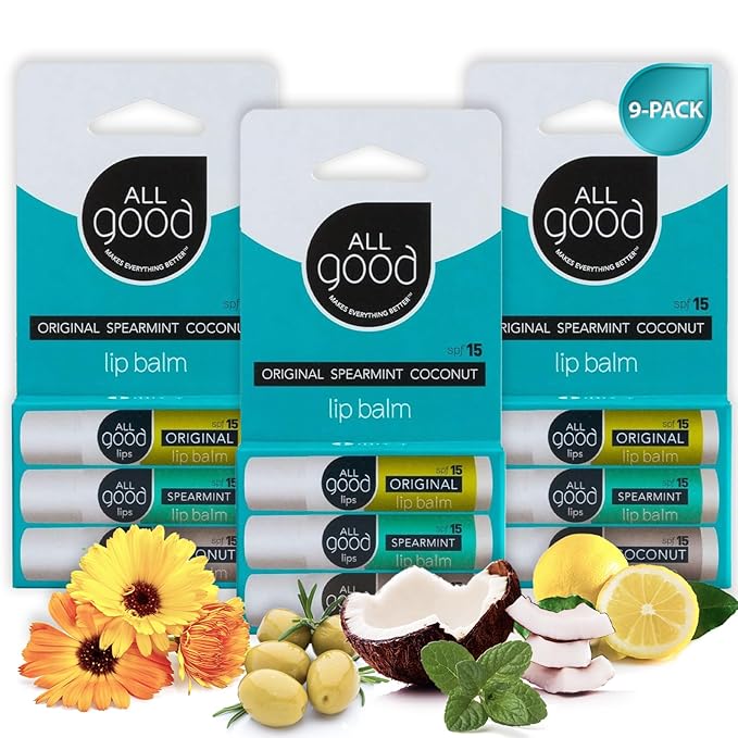 All Good Organic SPF15 Lip Balm - Hydrating Lip Care with Olive Oil, Beeswax, Calendula, Lavender, Vitamin E - Lip Moisturizer with Zinc Oxide Protection - Original, Spearmint & Coconut (9-pack)-VivaGrace Women