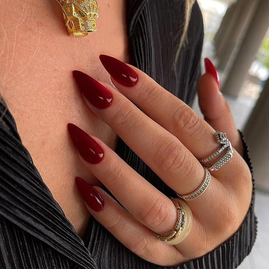 Medium Press on Nails Almond Fake Nails with Designs Burgundy Red Glue on Nails Glossy Stick on Nails for Women and Girls