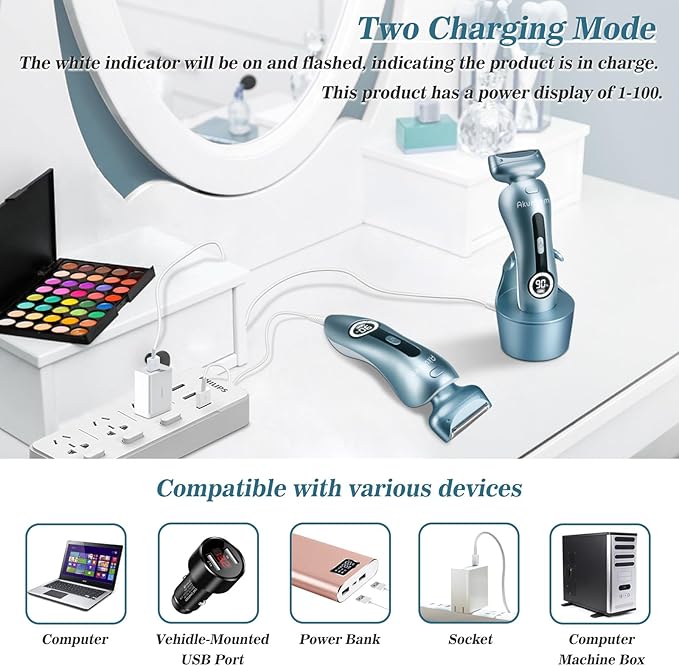 Electric Razors for Women for Legs Bikini Trimmer Electric Shaver for Women Underarm Public Hairs Rechargeable Womens Shaver Wet Dry Use Painless Cordless with Detachable Head (Blue)-VivaGrace Women