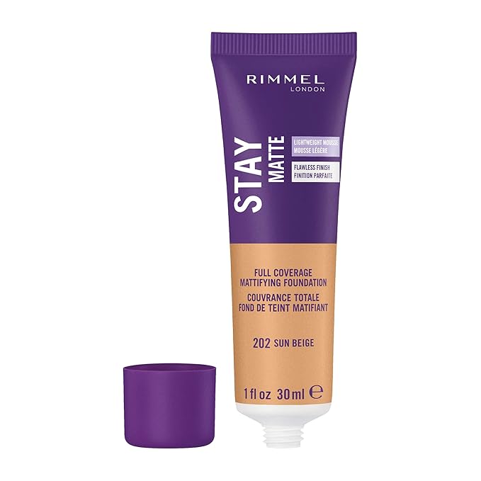 Rimmel London Stay Matte Liquid Mousse - 202 Sun Beige - Foundation, Lightweight, Shine Control, Oil-Free, 1oz-VivaGrace Women