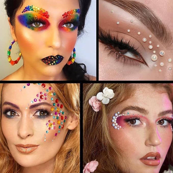 Flat Back Rhinestone+Half Round Pearl Kits Colorful Rhinestones+White AB&Beige AB Pearls With Quick Dry Makeup Glue+Picker Pencil+Tweezer For Nail Art And Face Make-up-VivaGrace Women