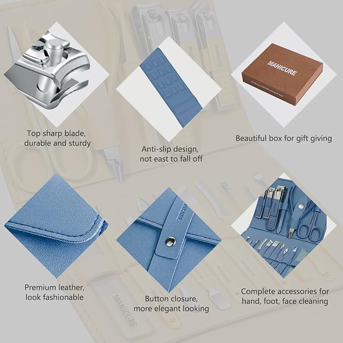 Manicure Set Professional Nail Clippers Pedicure Kit, 16 pcs Stainless Steel Nail Care Tools Grooming Kit with Luxurious Travel Leather Case for Thick Nails Men Women Gift (Blue)-VivaGrace Women