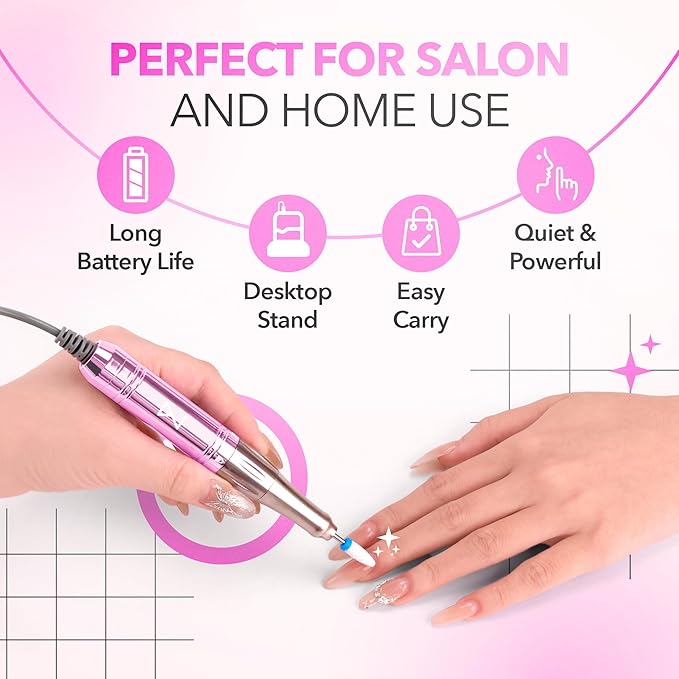 M Mase- Professional Nail Drill Machine - Coreless 2-in-1 Nail File - Electric, Cordless, 35000 RPM, HD Display - Electric Nail Drill for Professional & Home Use (Unicorn Pink)-VivaGrace Women