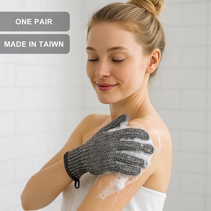 Exfoliating Gloves with Hanging Loop - 1 Pair Bamboo Charcoal Bath/Shower Gloves, Bath Gloves for Shower Exfoliating and Ingrown Hair/Dead Skin Remover - Bamboo Charcoal - Exfoliator Mitt Scrub Gloves-VivaGrace Women