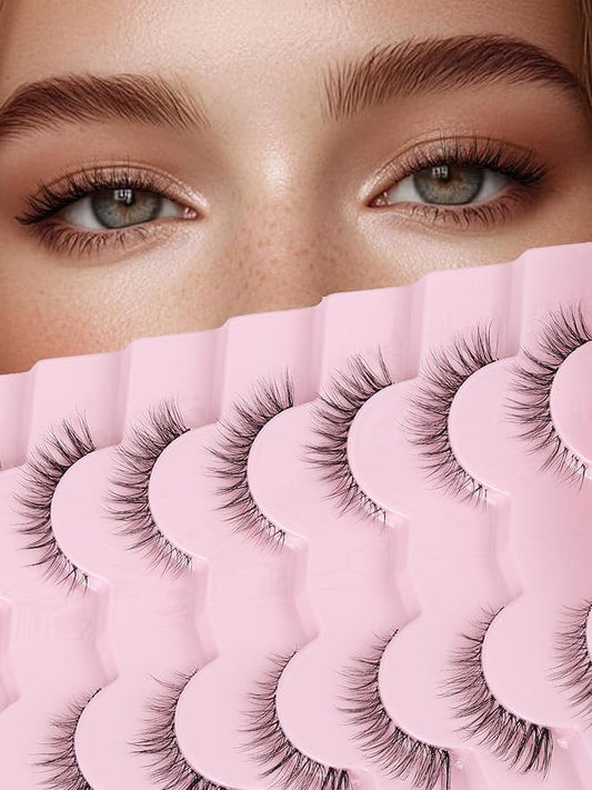 Cat Eyelashes Natural Eye Lashes 12mm False Lashes Wispy Thin Band 3D Volume Fake Eyelash C Curl Lash Pack Natural Look 7 Pair-VivaGrace Women