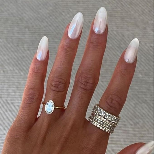 Almond Fake Nails Medium Press on Nails with Chrome Designs Mirror White Stick on Nails Glossy Glue on Acylic Nails for Women