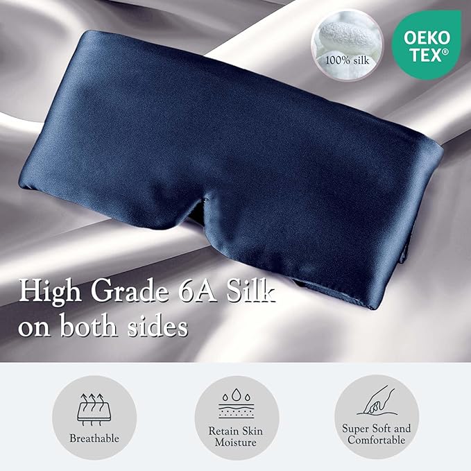 Nature Silk Sleeping Mask Soft Featherweight Eye Mask Large Wrap-Around Blindfold with Adjustable Velcro Blackout for Wild Sleeper Nose Cut (NavyBlue)-VivaGrace Women