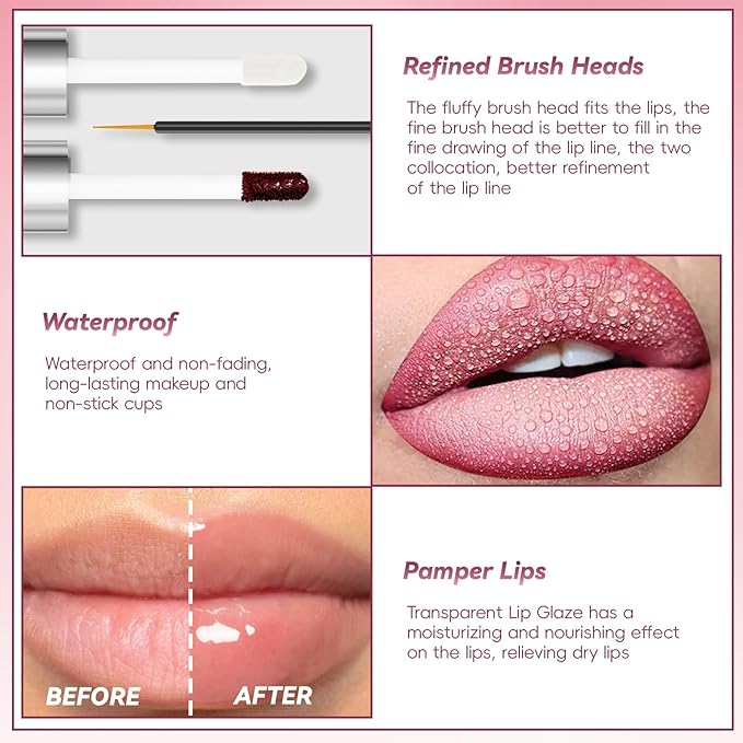 Dual-Ended Peel Off Lip Stain Liner, Long Lasting Waterproof Peel Off Lip Liner Tattoo with Nourishing Clear Gloss Combo Set, Transfer-Proof Non-Stick Cup Shiny Lips Tint Lipstick Makeup07-VivaGrace Women