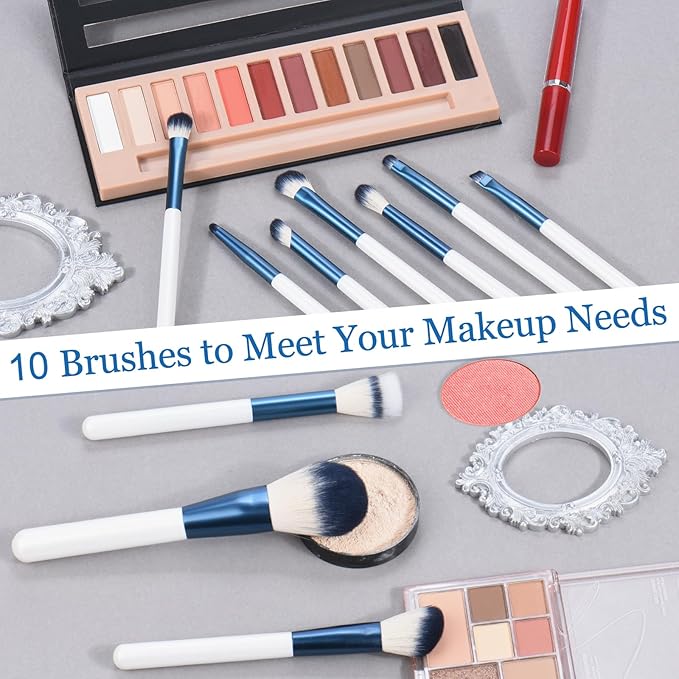 Makeup Brushes Set With Case 10Pcs White Makeup Brush Kit Foundation Eyeshadow Powder Blending Kabuki Eyebrow Eyelash Brushes Cosmetic Brush Travel Kit Gift (White+Blue)-VivaGrace Women