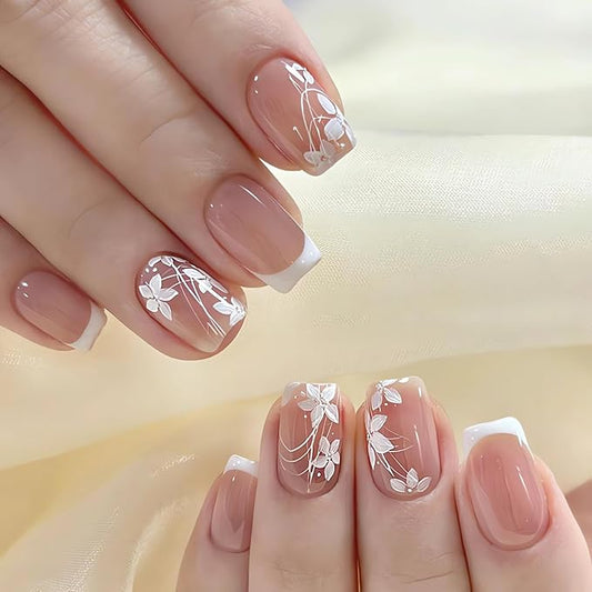Short Square Press on Nails White French Fake Nails with Flower Designs Glossy Full Cover Stick on Nails Short Small Flowers Artificial Acrylic False Nails White Floral Glue on Nails for Women 24Pcs